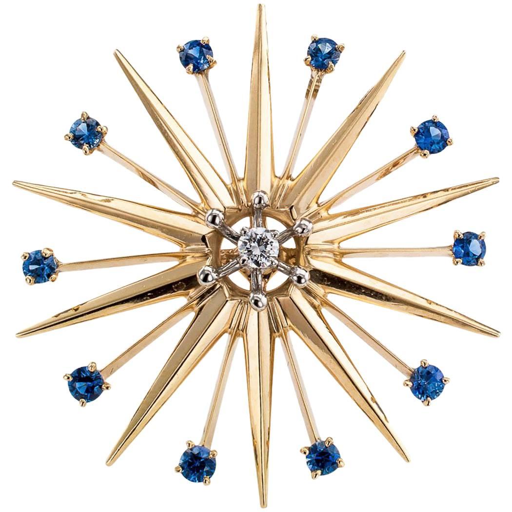 Modernist 1950s Starburst Sapphire Diamond Gold Palladium Brooch Pendant