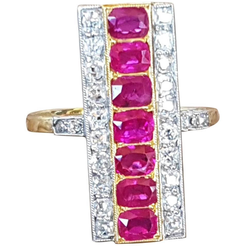 18 Carat Gold Ruby Diamond Art Deco Plaque Engagement Ring For Sale