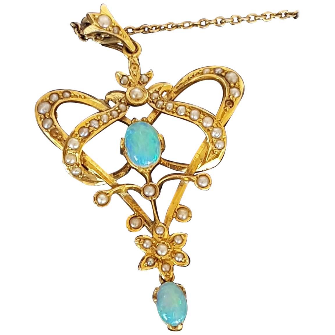 Edwardian Art Nouveau Gold Opal Seed Pearl Pendant Necklace  For Sale