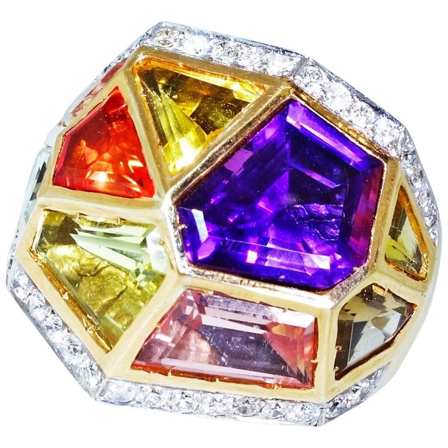 Multi Gem Diamond Gold Ring
