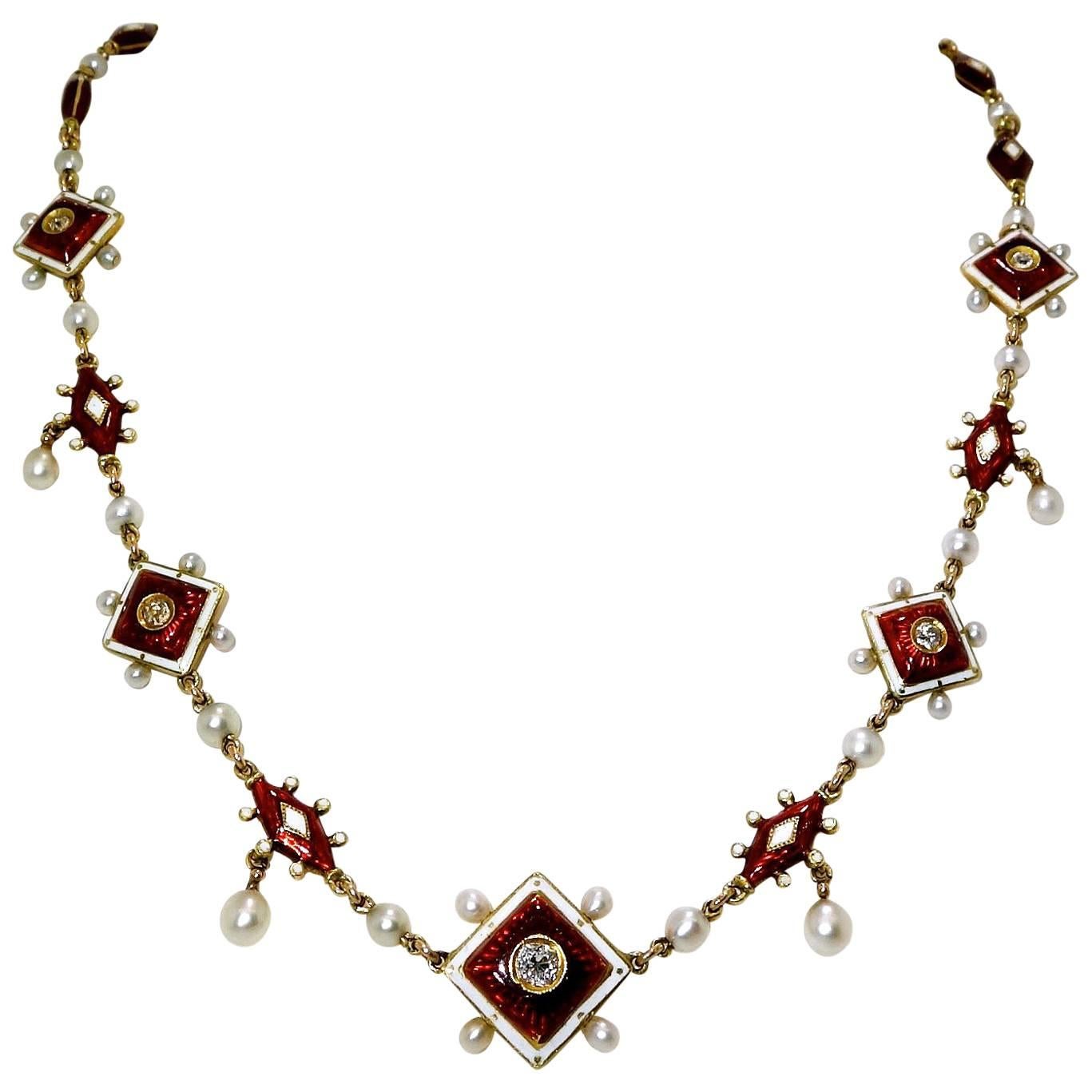 Antique Enamel, Diamond and Natural Pearl Necklace, circa 1880