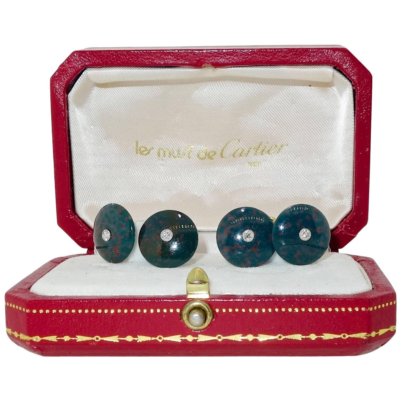 Cartier Platinum Diamond, Bloodstone and gold cufflinks