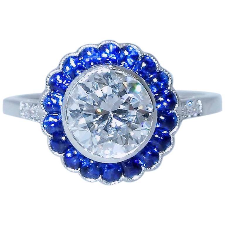 GIA Certified Colorless Diamond and Sapphire Ring