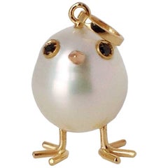 Baby Chick Australian Pearl Black Diamond Yellow Gold Pendant 