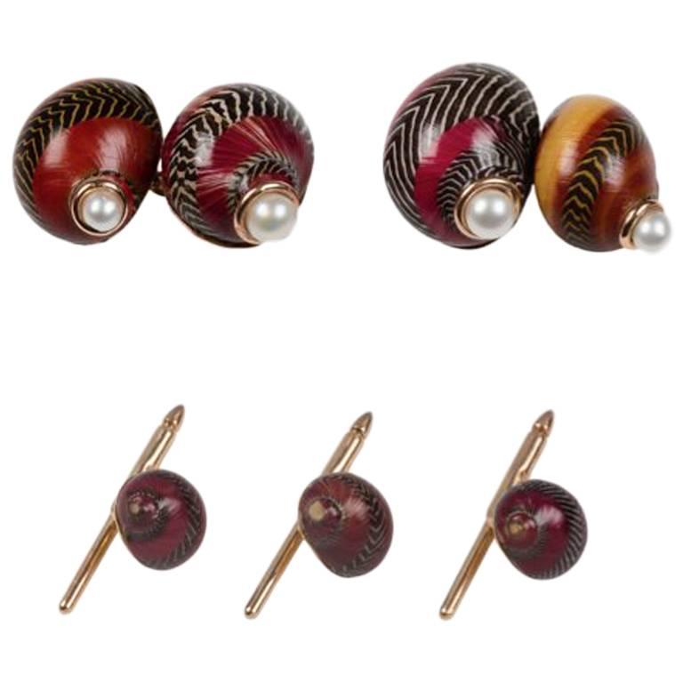 Rose Gold Natural Shell Pearls Cufflinks and Buttons For Sale