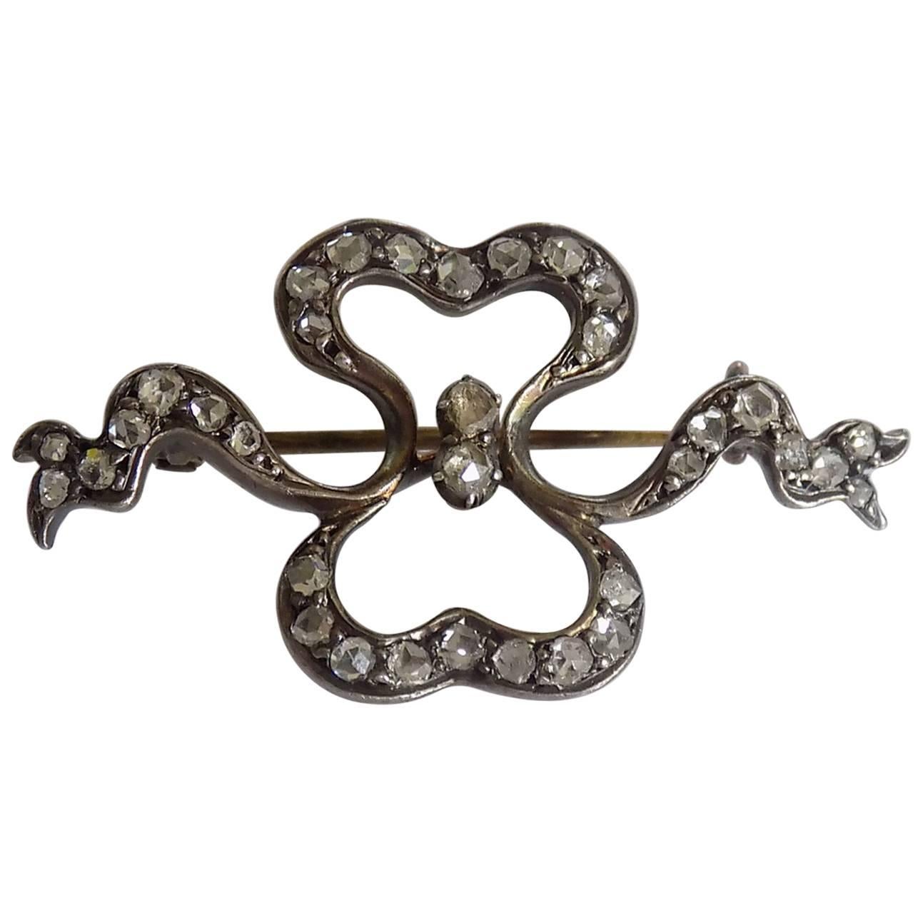 Gold Victorian Rose Cut Diamond Bow Brooch