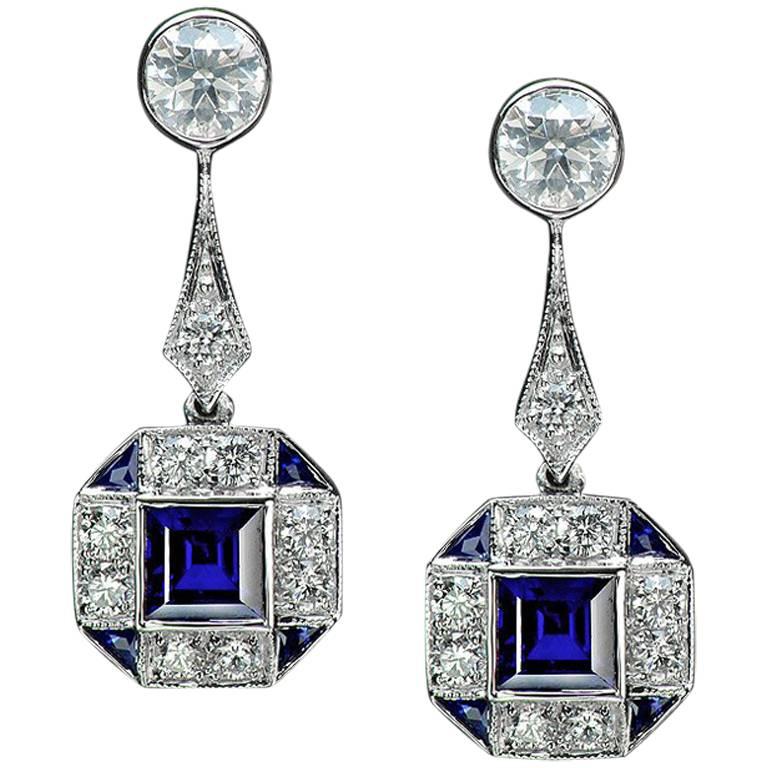 Thai Blue Sapphire and Diamond White Gold Earrings