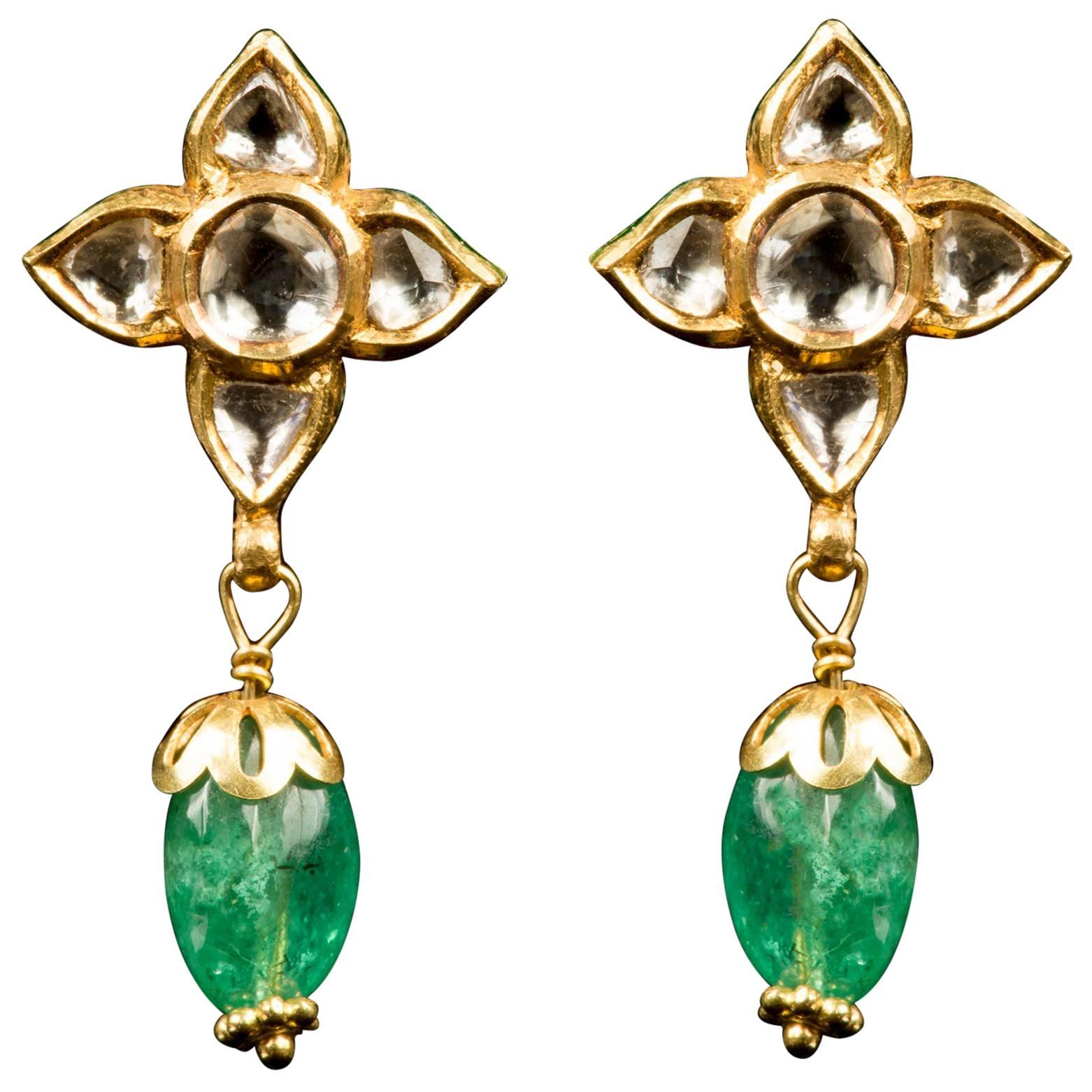 Gold Earrings with Diamond Flower on Top and Emerald Cabouchon Pendant