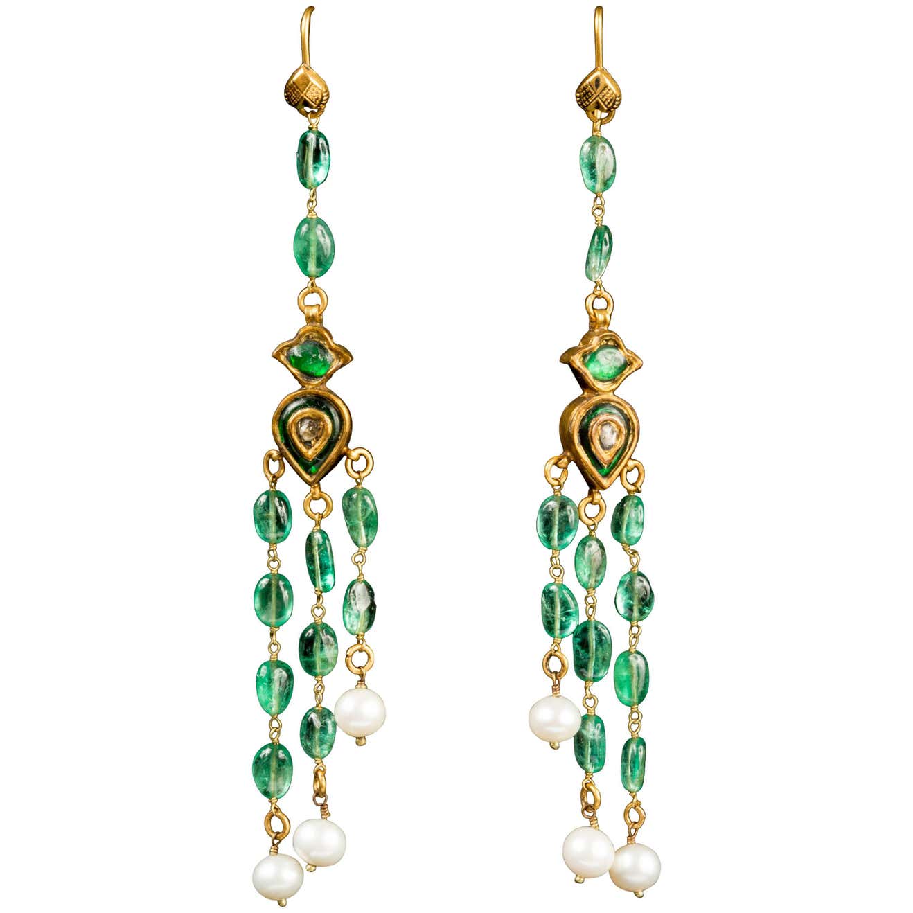 Old Emerald Cascade Earrings with Diamond in the Centre and Three Basra ...