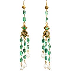 Old Emerald Cascade Earrings with Diamond in the Centre and Three Basra Pearls