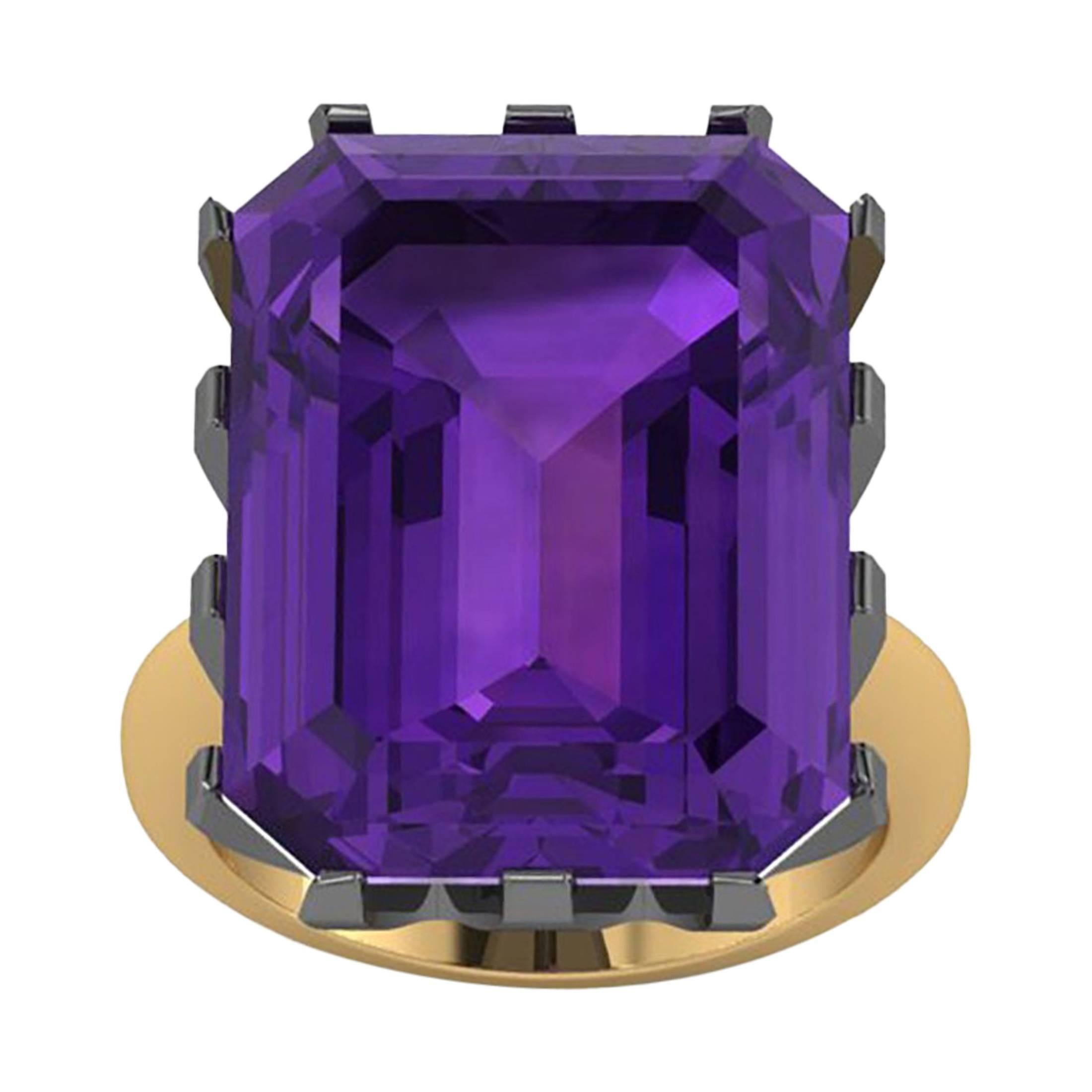 Natural Purple Amethyst Emerald Cut in Two-Tone 18 Karat Yellow and Black Gold