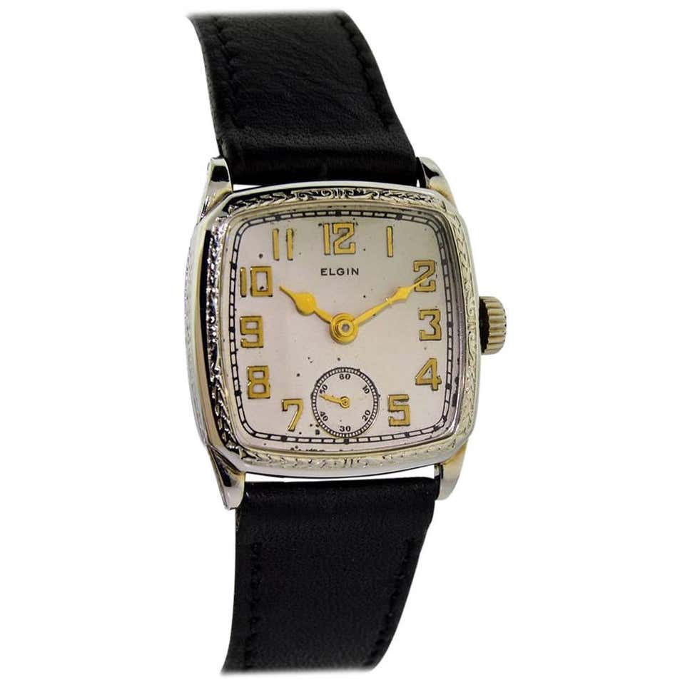Elgin White Gold Presentation Wristwatch with Enamel Bezel and Hinged ...