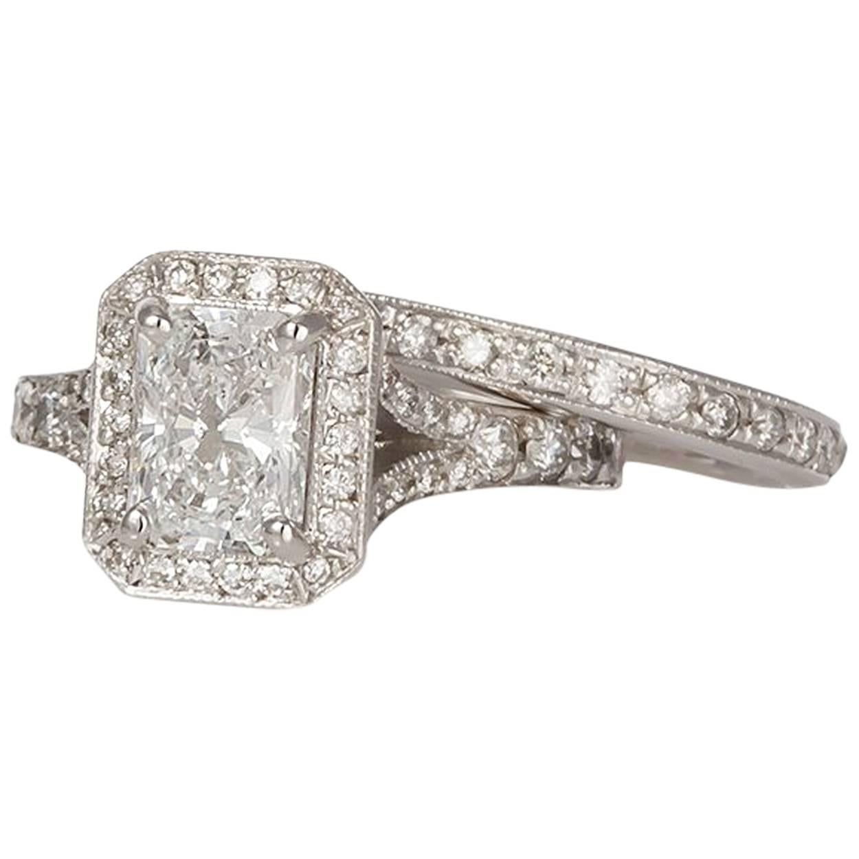 GIA Certified 14K White Gold & Radiant Diamond Halo Engagement Ring Wedding Set