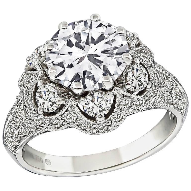 1.64 Carat GIA D-VVS2 Diamond Gold Engagement Ring For Sale