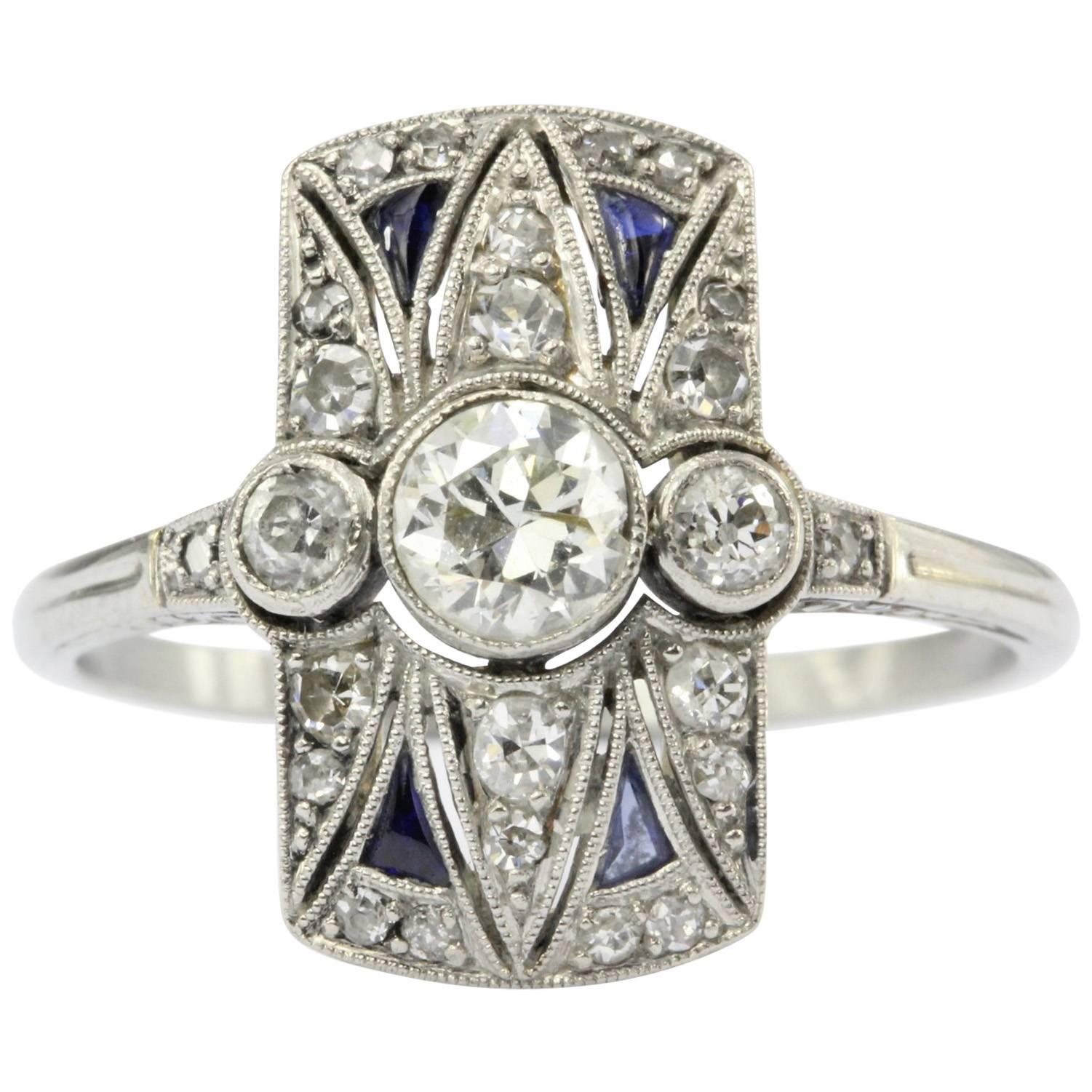Art Deco 18 Karat White Gold Diamond and Sapphire Ring