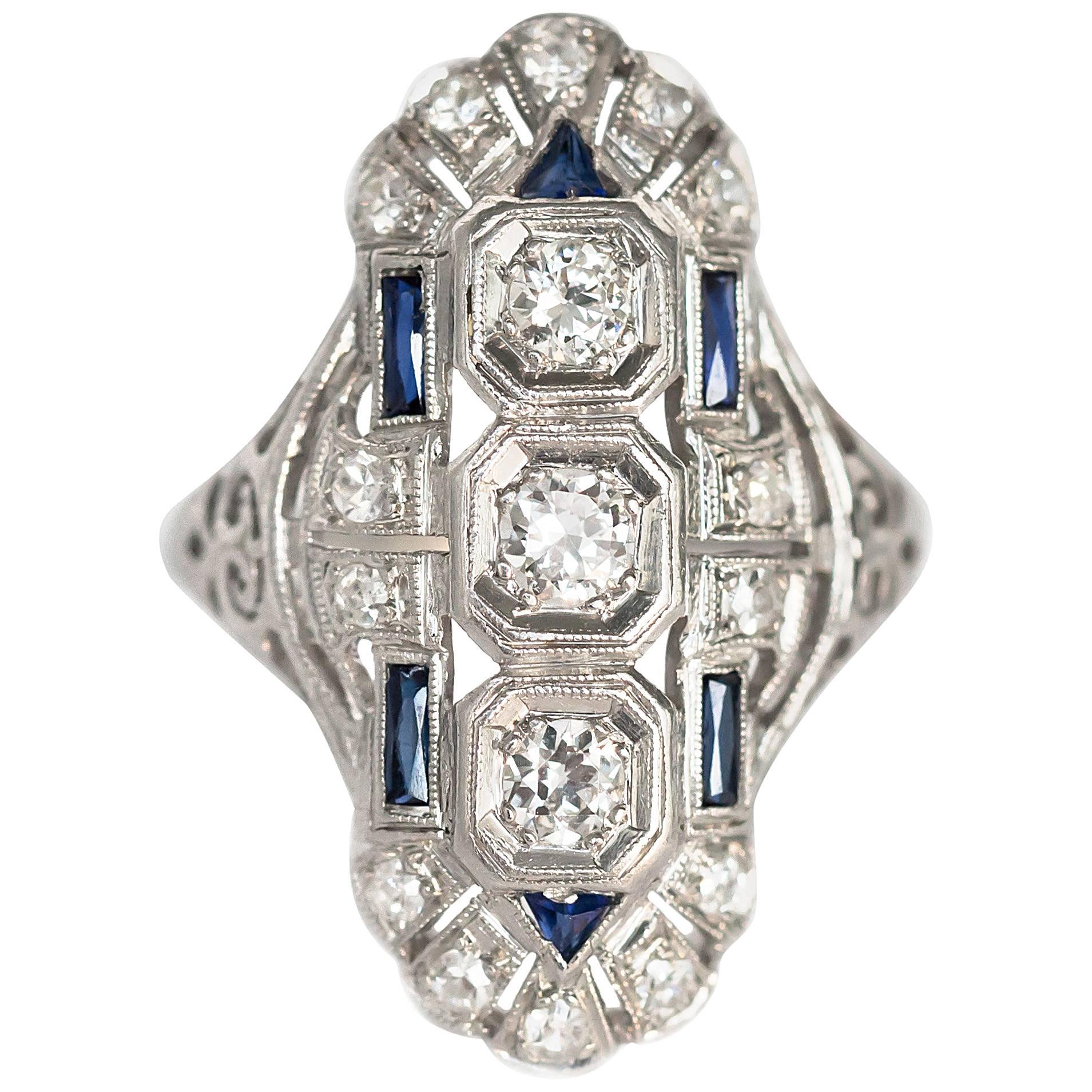 1.00 Carat, Total Weight Diamond and Sapphire Platinum Engagement Ring