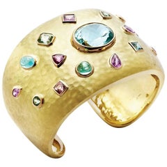 Aquamarine and Multi-Precious Gemstone 18kt Gold Hammered Cuff
