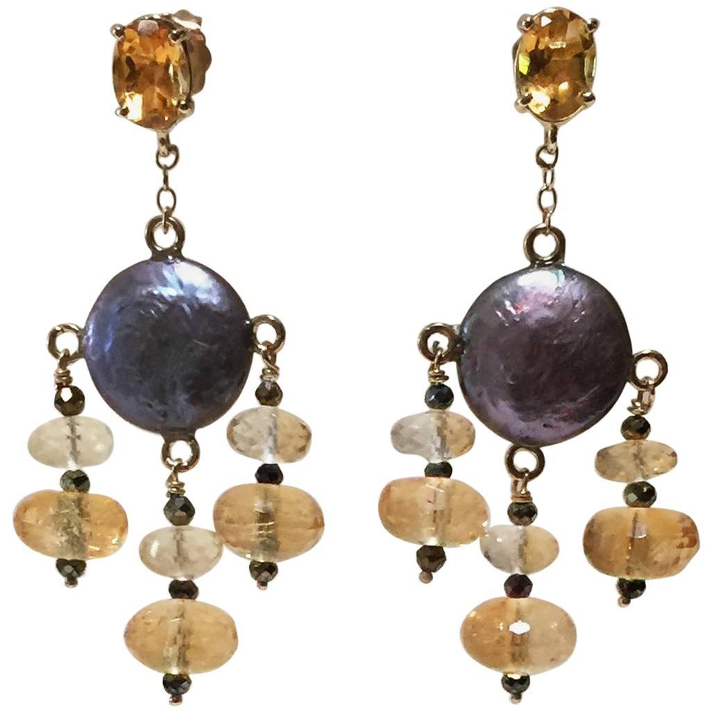 Marina J. Black Pearl Earrings with Spinel and Citrine with 14K Yellow Gold 