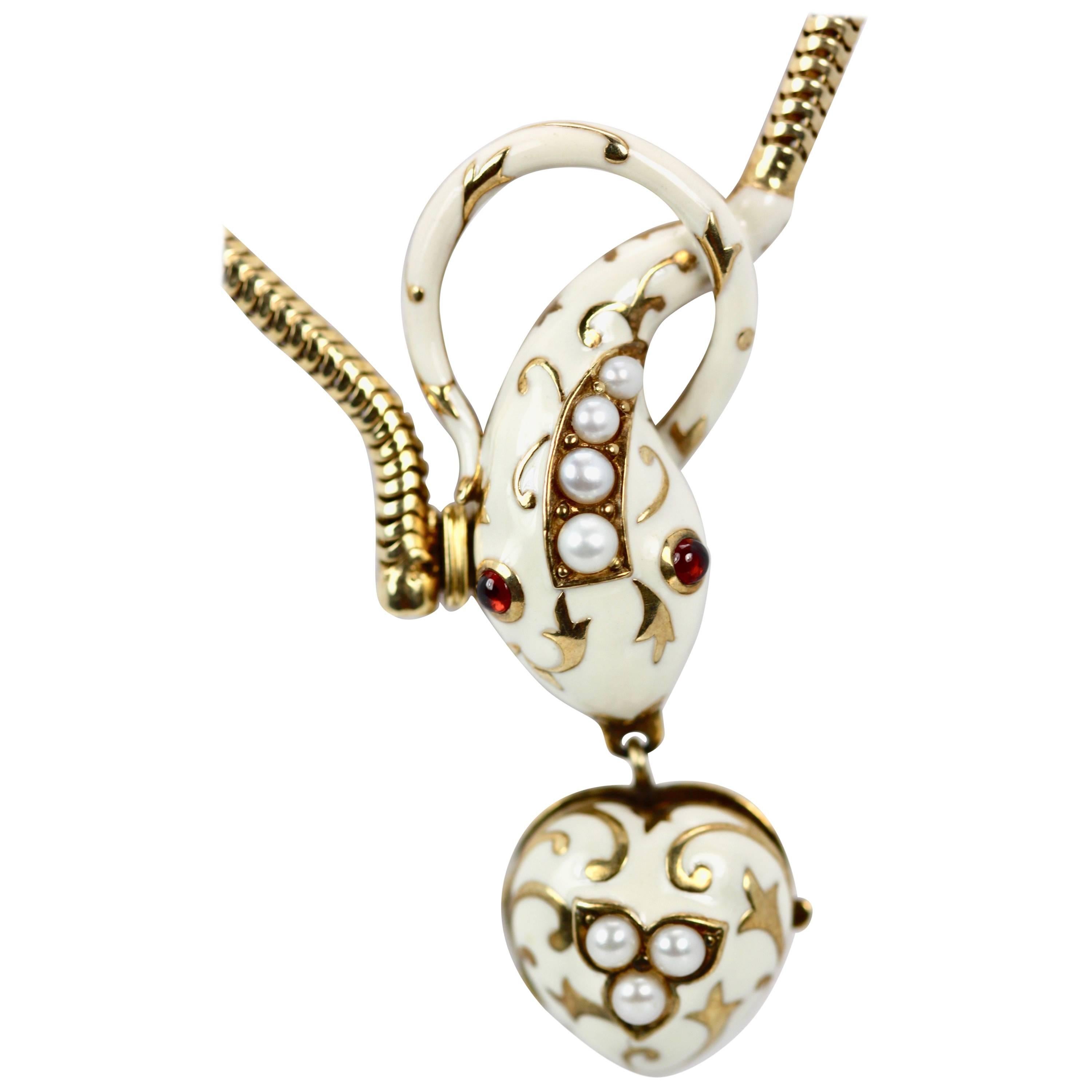 Vintage White Enamel 18 Karat Garnet Pearl Snake Necklace, circa 1960