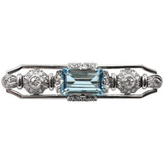 White Gold Art Deco Aquamarine and Diamond Brooch, 1920s