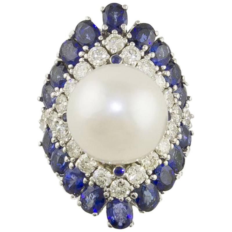 Blue Sapphires  Australian Pearl and Diamonds Fashion Ring