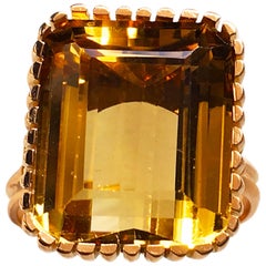 Original 1950s 12.10 Carat Natural Emerald Cut Citrine Rose Gold Cocktail Ring