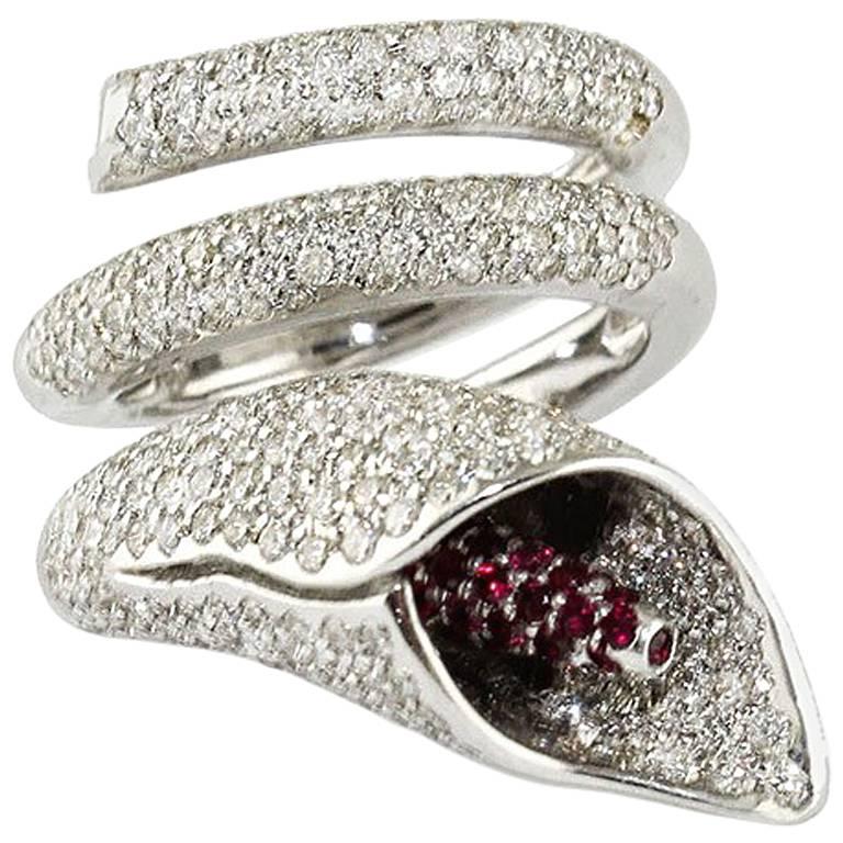 Diamonds Rubies White Gold Lily Ring  For Sale