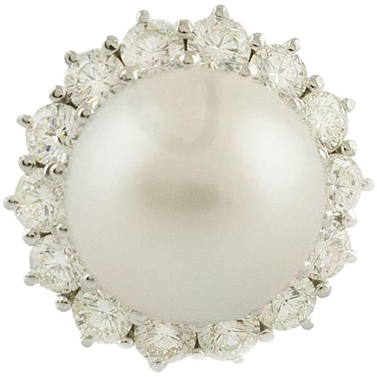 3, 32 carat Diamonds Australian Pearl 18 kt  White Gold Cluster Ring For Sale
