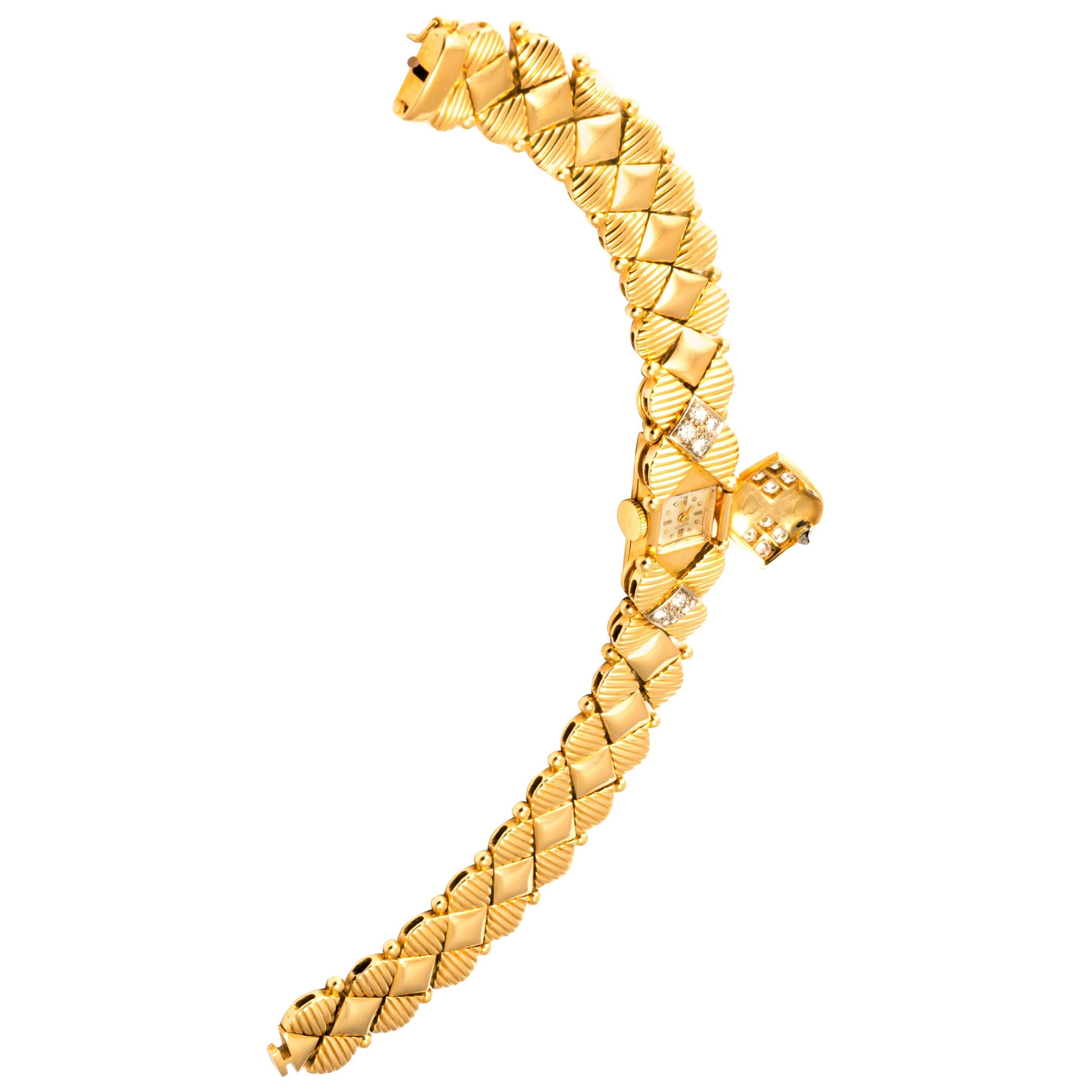 Gubelin 18K Yellow Gold Diamond Mystery Watch Bangle Bracelet For Sale