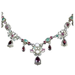 Antique Georgian Renaissance Emerald Ruby Garnet Necklace, circa 1750