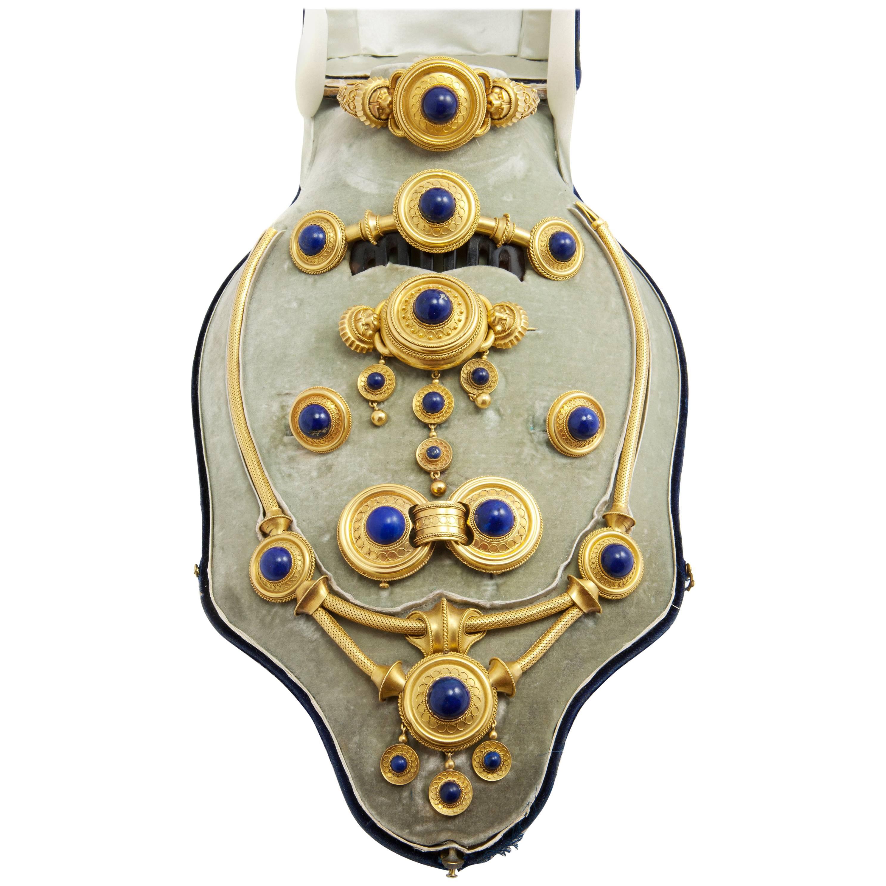 Gold and Lapis Lazuli Etruscan Revival Parure, French, circa 1870 For Sale
