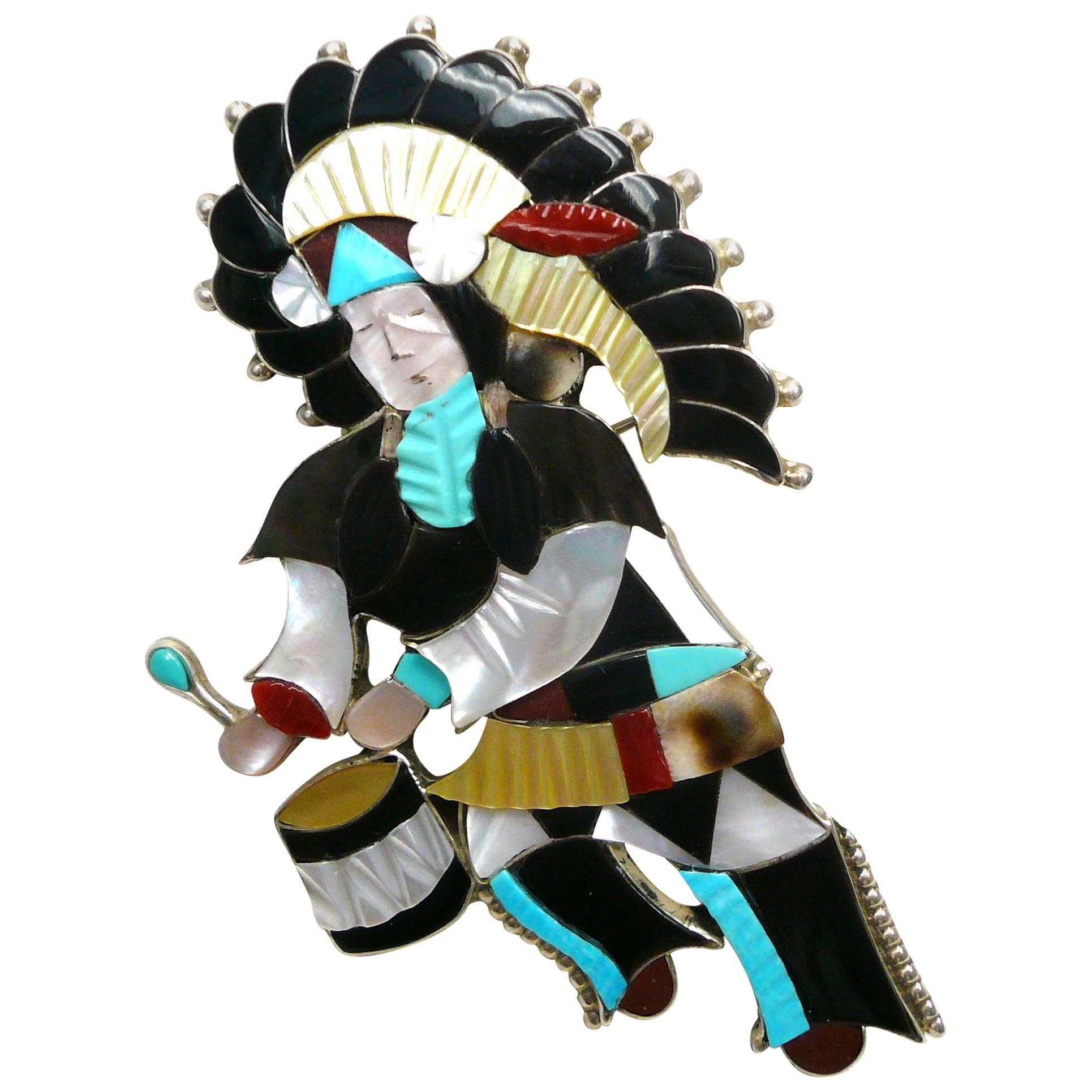 Zuni Native American J. Beyuka Sterling Multi-Inlay Gem Drummer Pendant Brooch For Sale