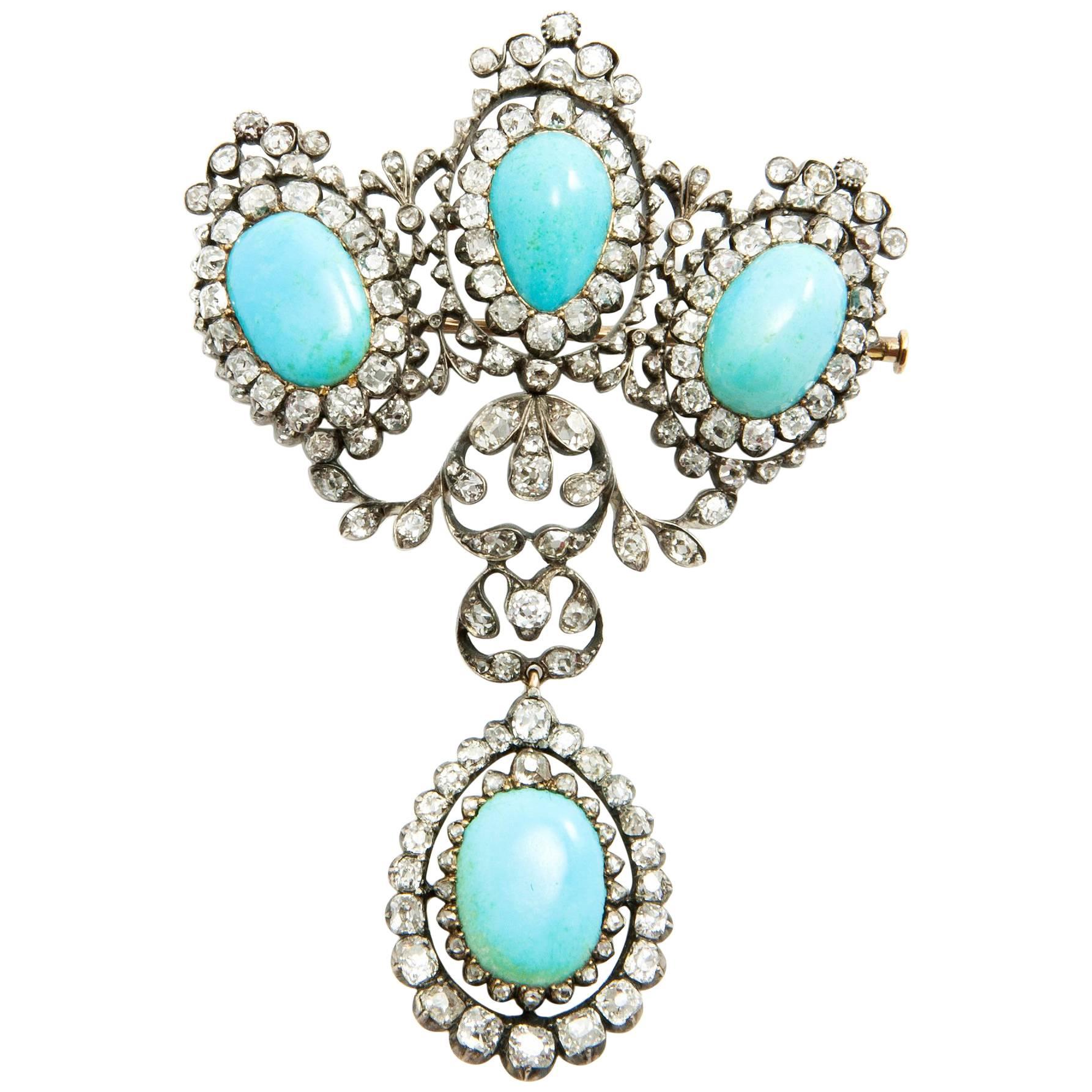 Late Georgian Turquoise and Diamond Brooch, England, circa 1835 For Sale