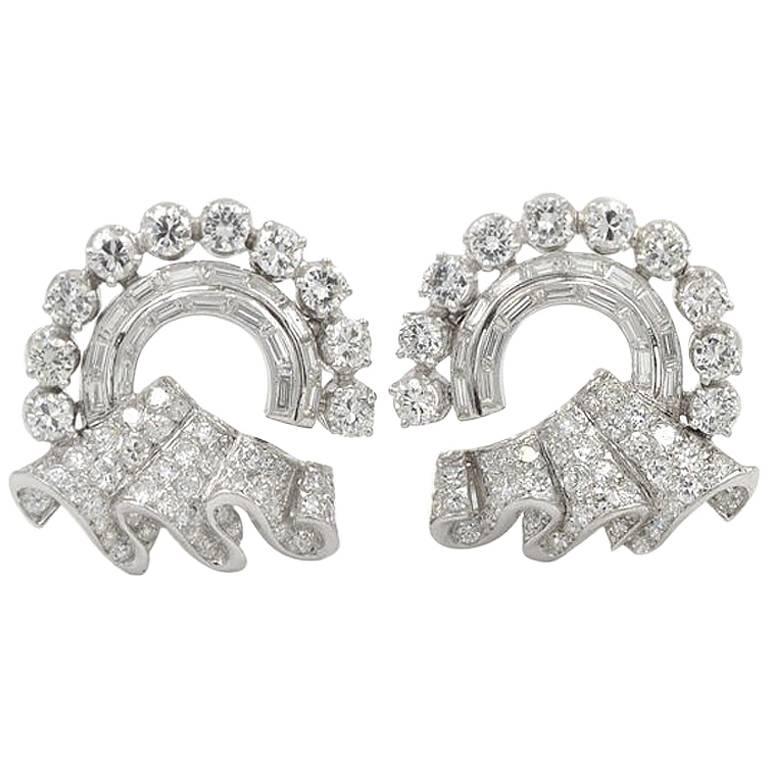 1950s Circular Ribbon and Platinum Earrings with 8 Carat of Diamonds For Sale