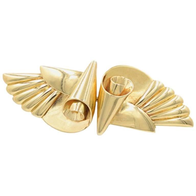 Krementz 14 Karat Gold Retro Double Clip Wing Brooch For Sale