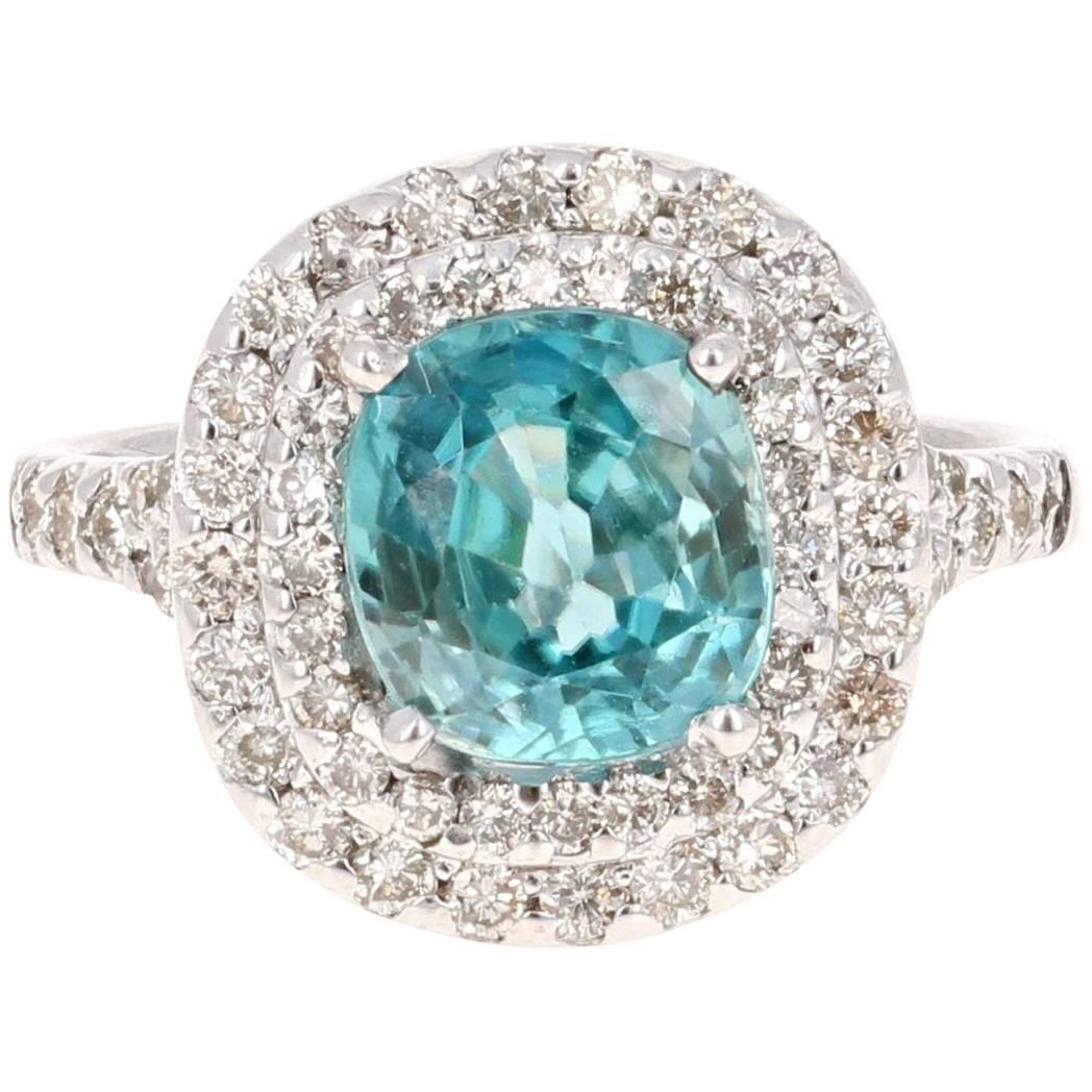 4.16 Carat Blue Zircon Diamond Double Halo 14K White Gold Ring