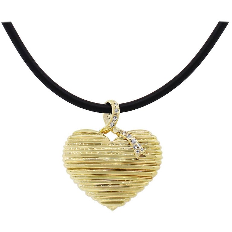 Ribbed Heart Diamond Pendant on Cord Necklace at 1stDibs