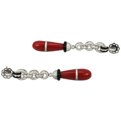 Eli Frei 18 Karat Gold Coral Onyx Diamond Drop Earrings