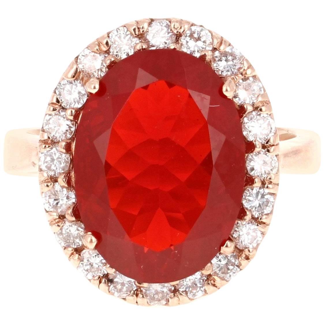 5.54 Carat Fire Opal Diamond 14 Karat Rose Gold Ring
