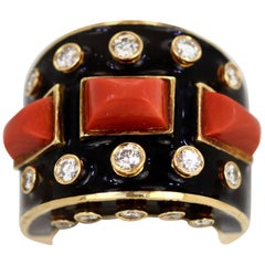 David Webb Orange Cabochon Coral Diamond Black Enamel 18K Platinum Gold Ring