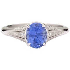 Custom French Platinum and Diamond Ring Featuring Unheated Blue Sapphire