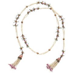 Indian Seed Pearl, Enamel and Gold Tassel Lariat Necklace