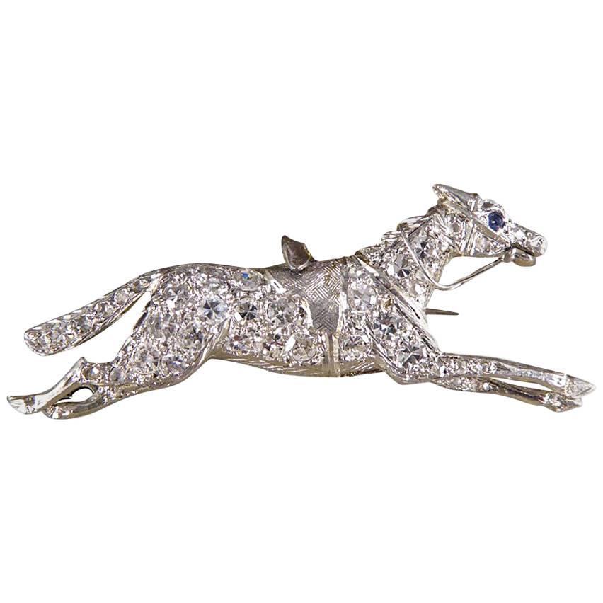 Vintage Sapphire Diamond Racing Horse Brooch in Platinum