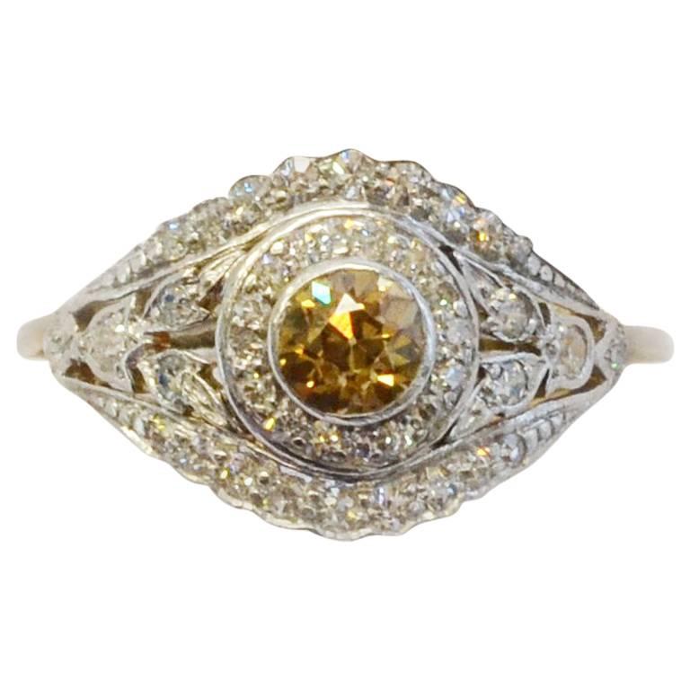 Edwardian Platinum Brown Diamond Old European Cluster Ring, circa 1905