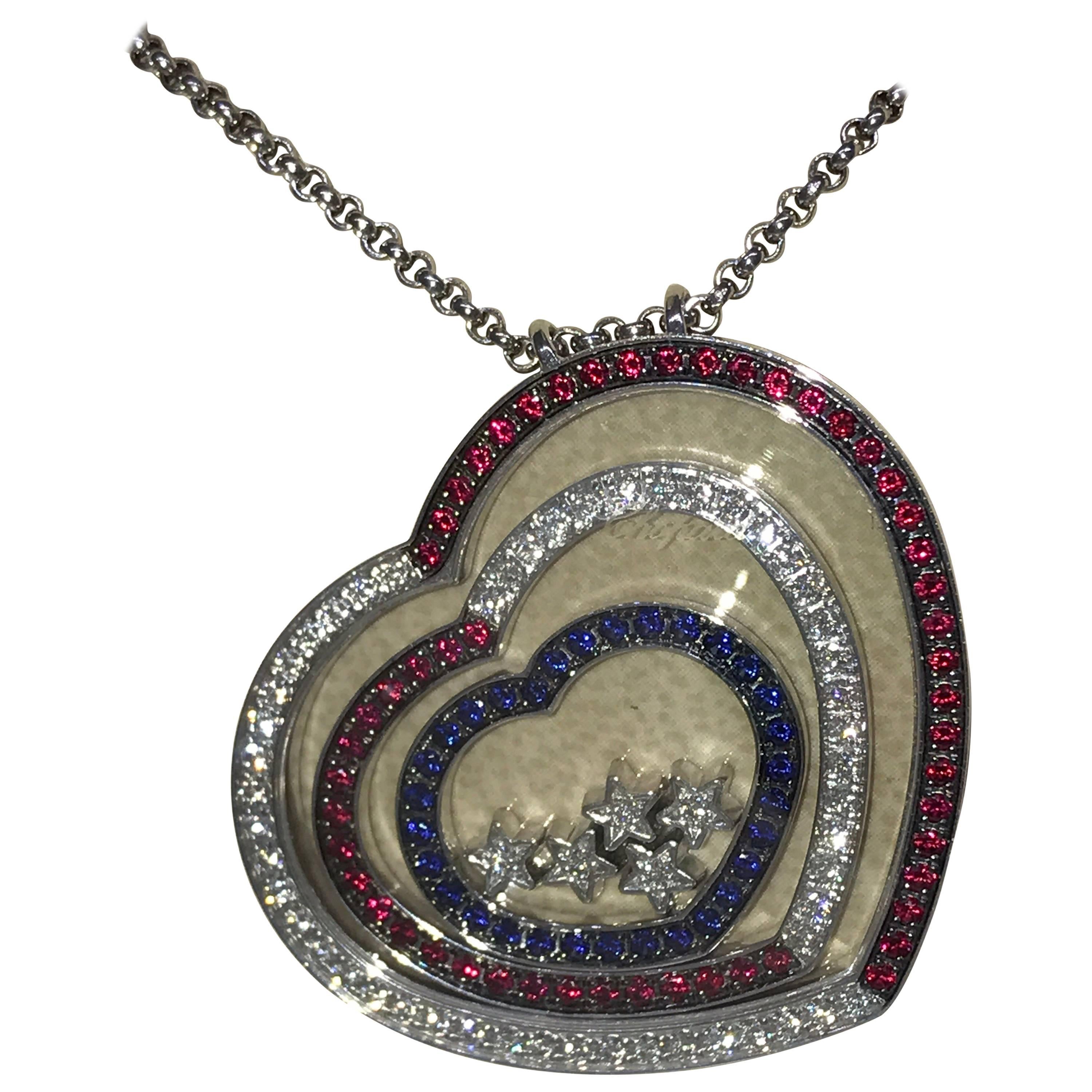 Chopard Happy Spirit White Gold Hearts Pendant with Rubies, Sapphires, Diamonds For Sale