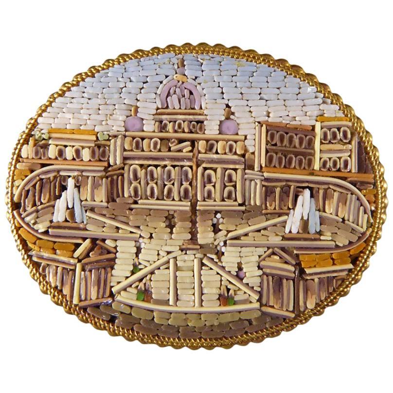 Antique Late 19th Century Vatican City Micro Mosaic Gold Brooch