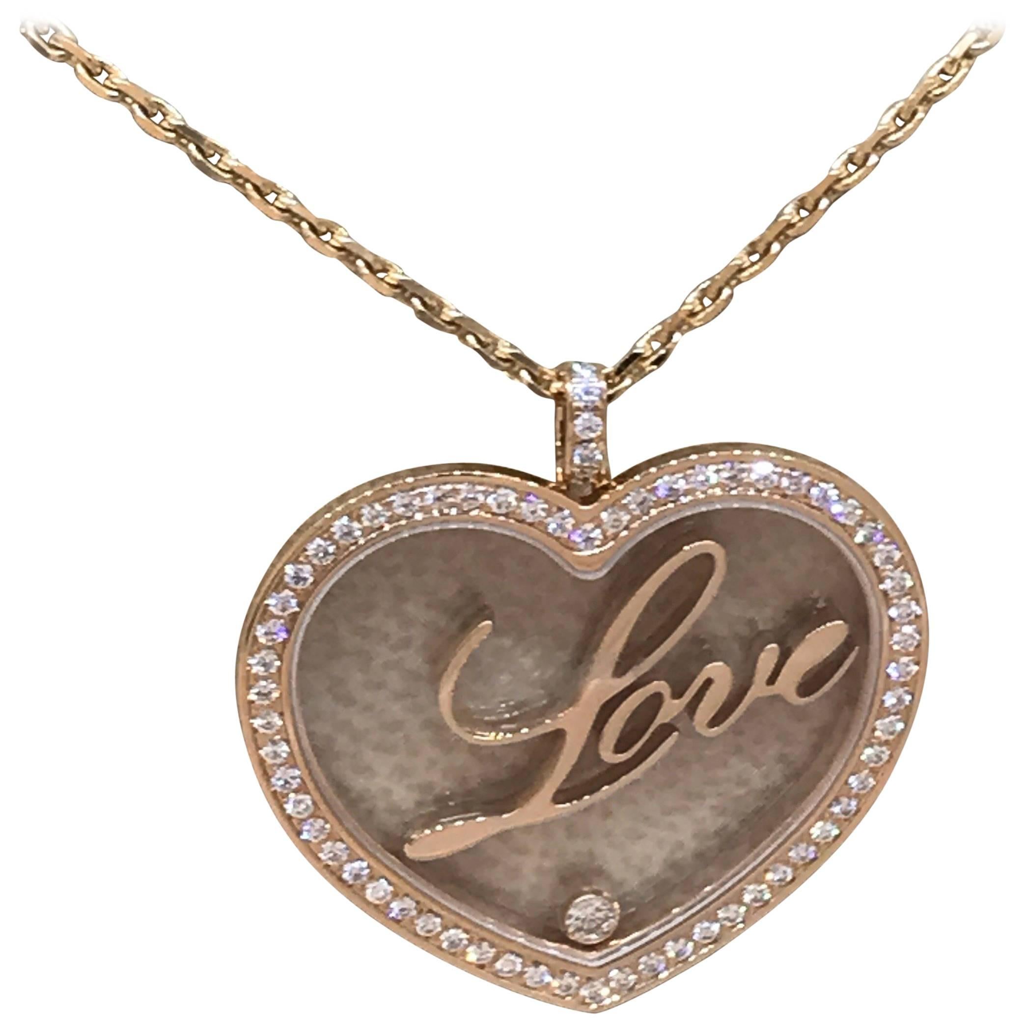 Chopard Happy Diamonds Rose Gold Heart Pendant / Necklace with "Love" For Sale