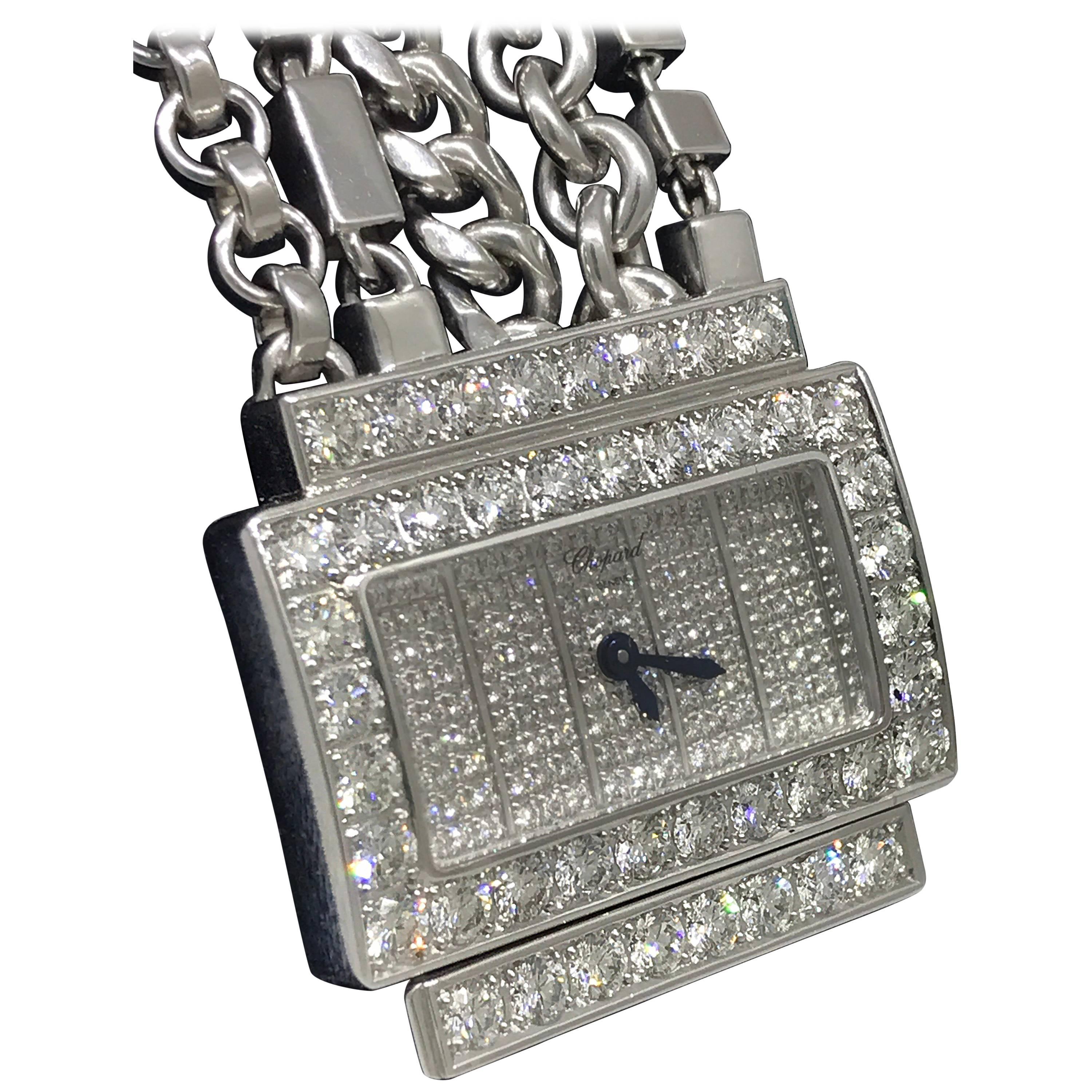 Chopard Classique 18 Karat White Gold Pave Diamond Chains Bracelet Ladies Watch For Sale