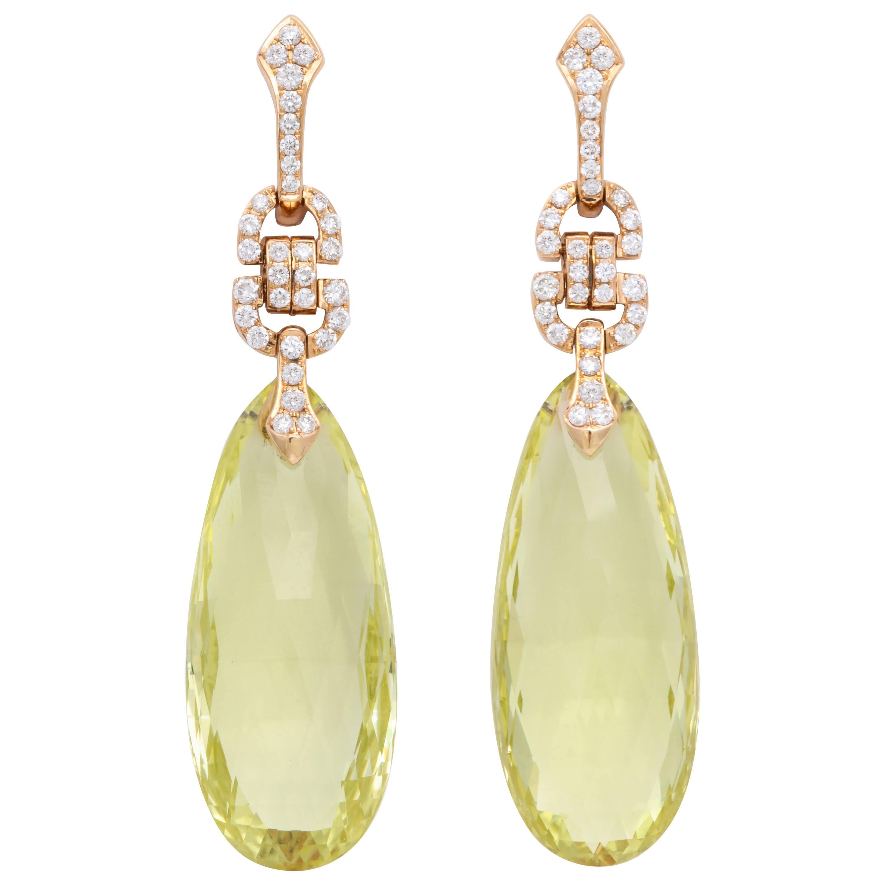 Art Deco Diamond Lemon Quartz and 18 Karat Rose Gold Pendant Earrings