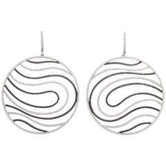 18 Karat Gold and Black and White Diamond Circular Disk Design Pendant Earrings